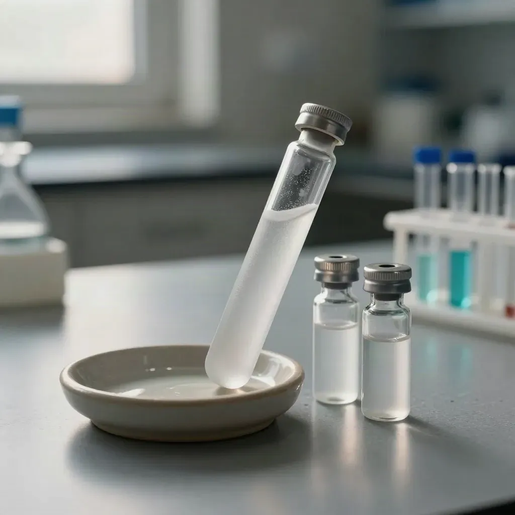 Frosted lab vials, a ceramic dish, and reagent tubes on graphite stone