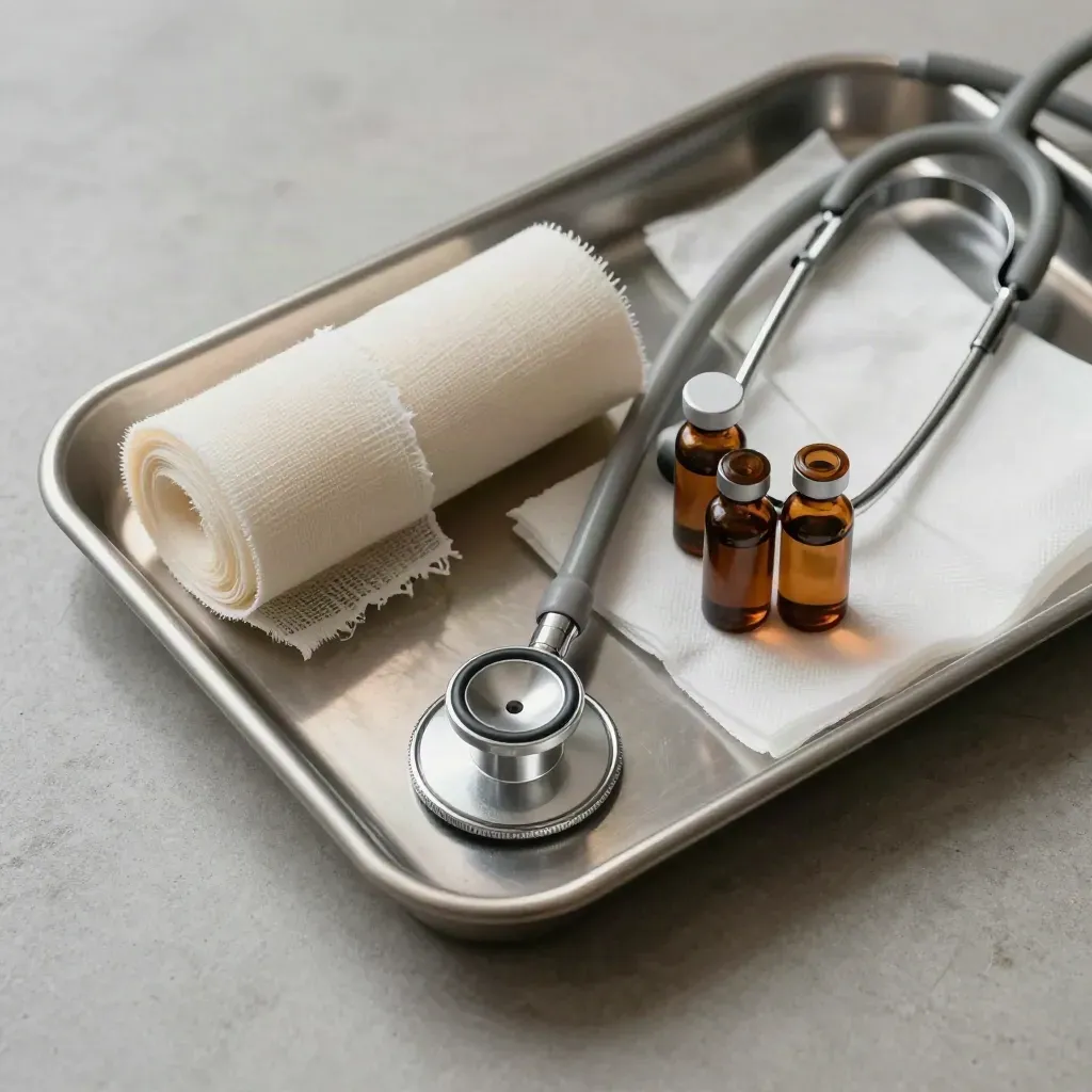 Medical tray with gauze, stethoscope chestpiece, and amber vials on cool concrete.