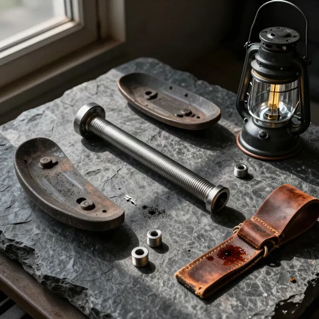 Overhead rail maintenance still life with coupling pin, brake shoe and lantern parts on dark basalt.