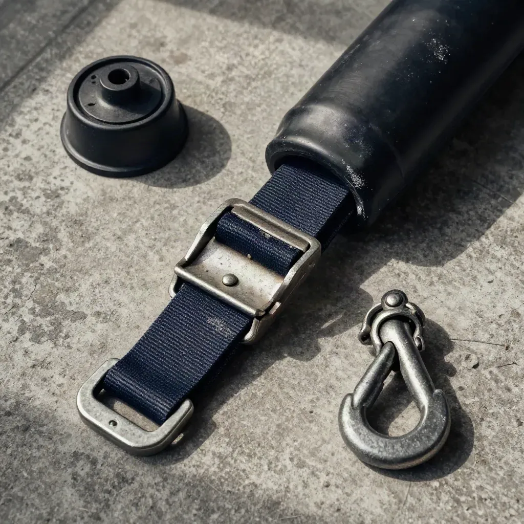 Cargo seal and strapping hardware on concrete, top-down with navy accent and soft daylight.