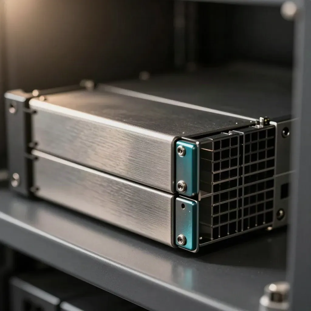 Macro of a server drive caddy sliding into a rack bay beside spare caddies and cooling fins.