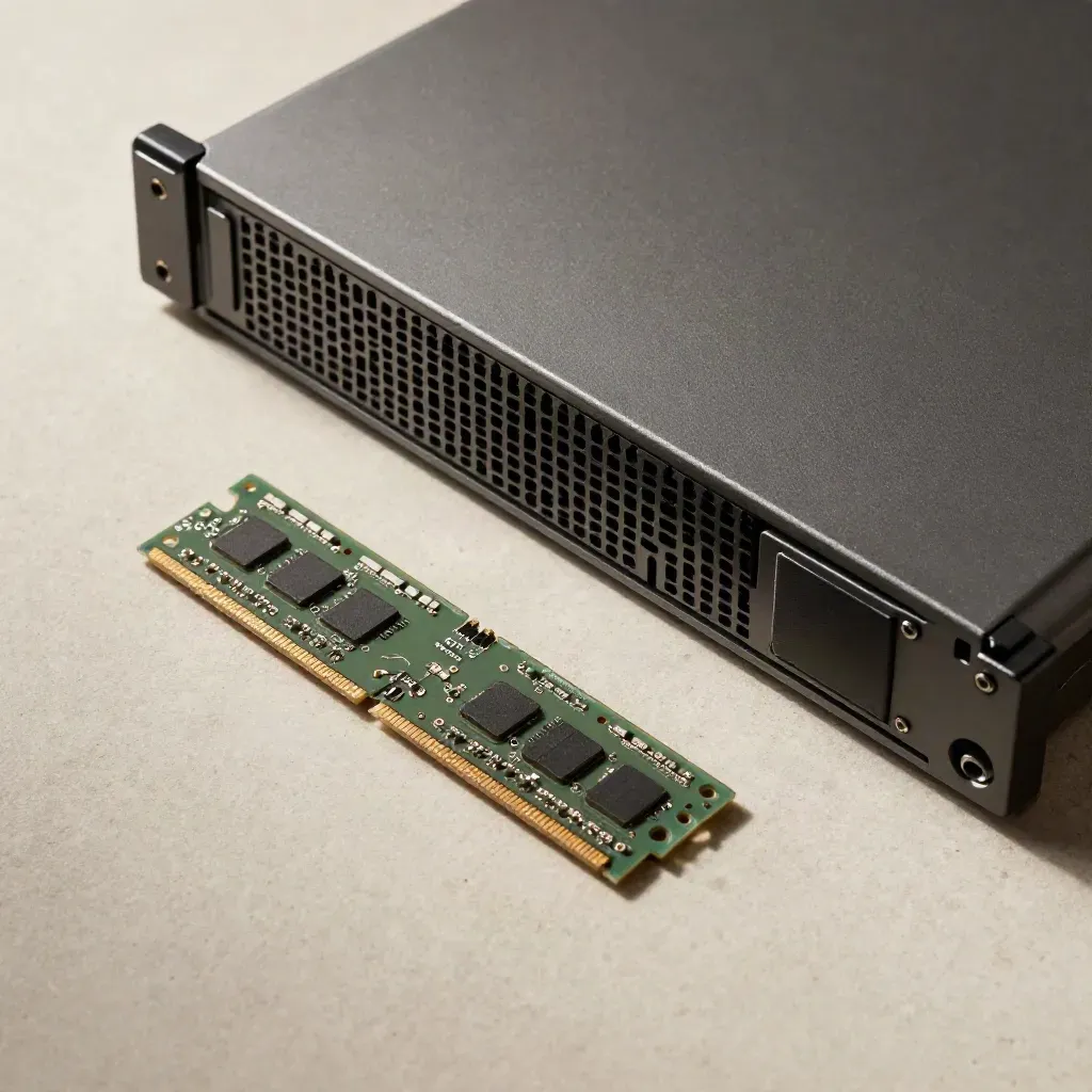 Top-down blade server module with RAM stick and SSD carrier on pale stone, dramatic studio light.