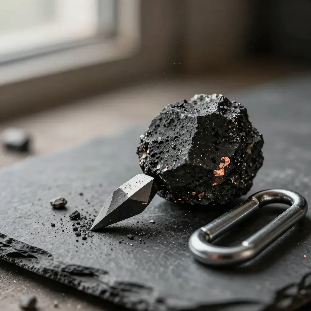 Macro of a carbide pick, black rock core, and steel carabiner on slate with copper glints.
