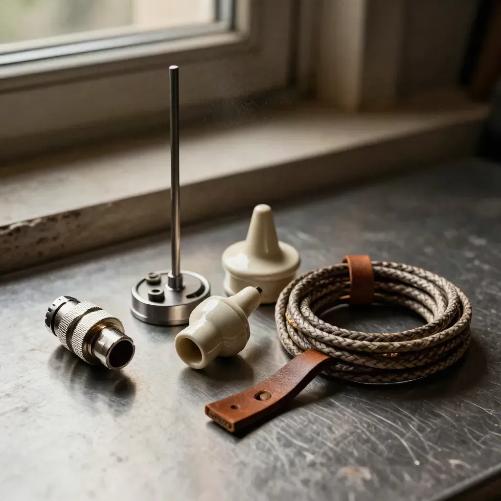Coax connector, antenna base, ceramic insulator, and braided cable coil on brushed metal