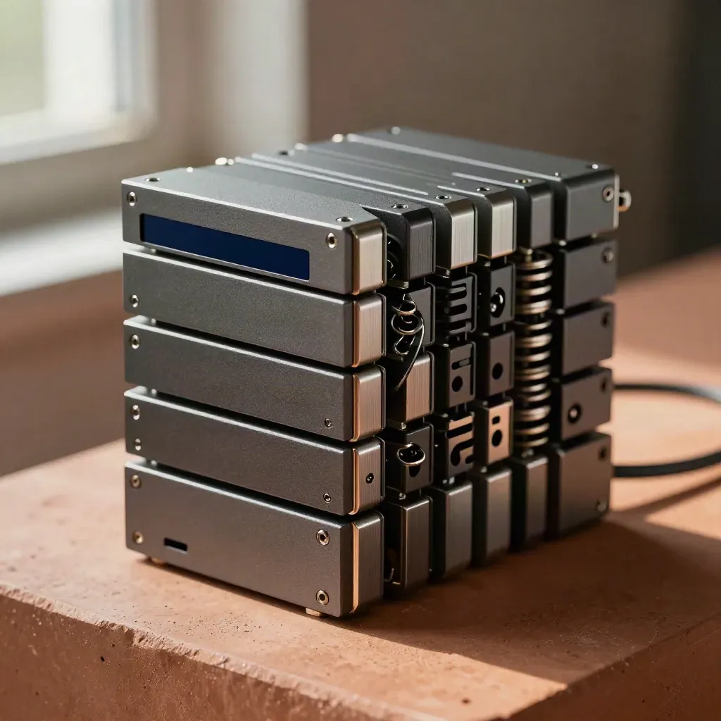 Graphite microserver node blocks and fan shroud on a terracotta clay surface