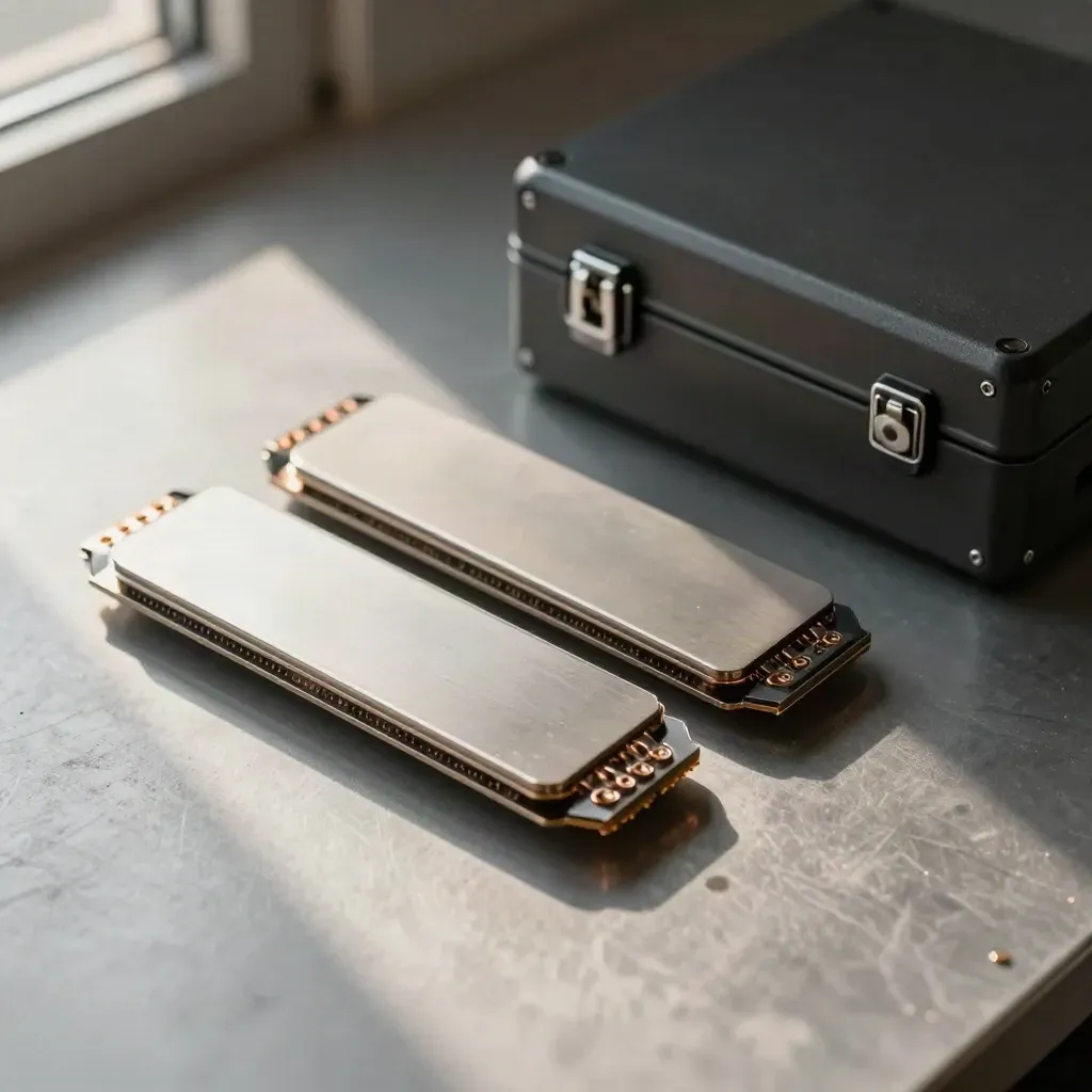 Overhead of NVMe trays, backup cartridge, and sealed drive case on brushed aluminum.