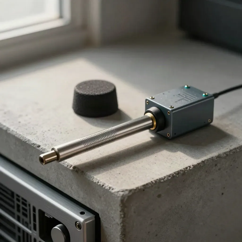 Macro still life of server monitoring hardware on concrete with teal-accent relay