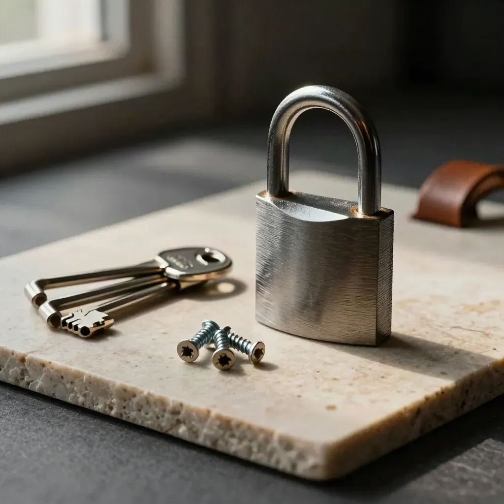 Steel padlock, hex keys, tamper seals, and server thumb screws on a limestone slab.