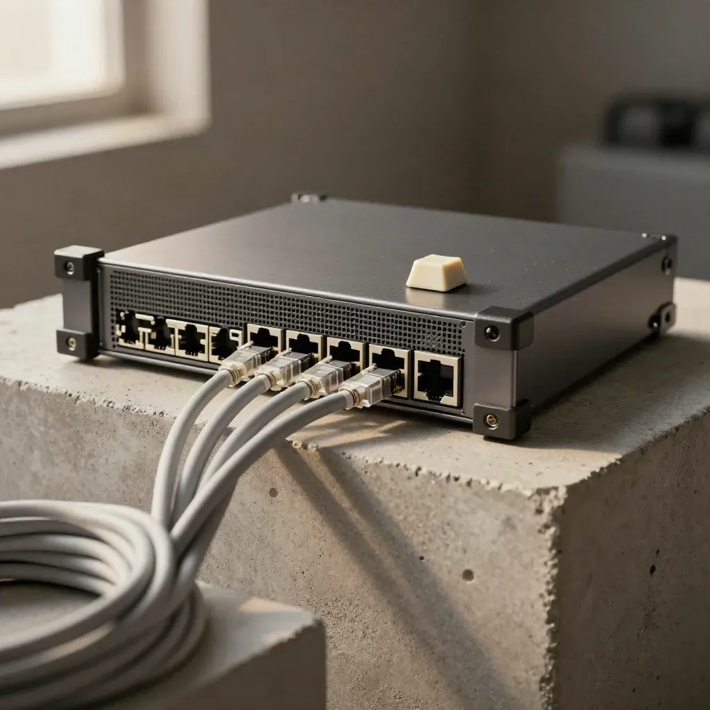 Rack server kit seen through a blurred ethernet cable loop in a dramatic studio still life.