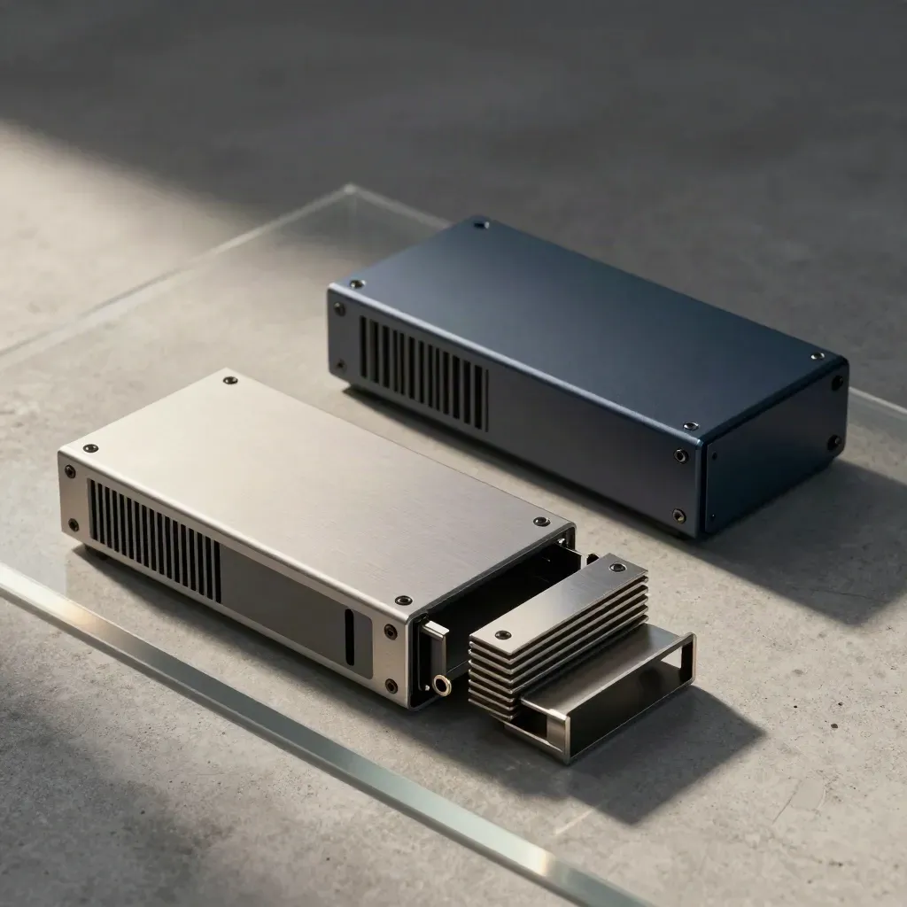 Top-down server handoff still life with microserver enclosures, drive blanks, spacers and frosted acrylic.