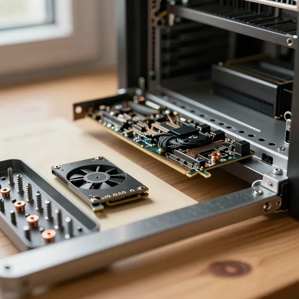 Macro of server rails, riser card, fan module, and torx tray on a workbench.