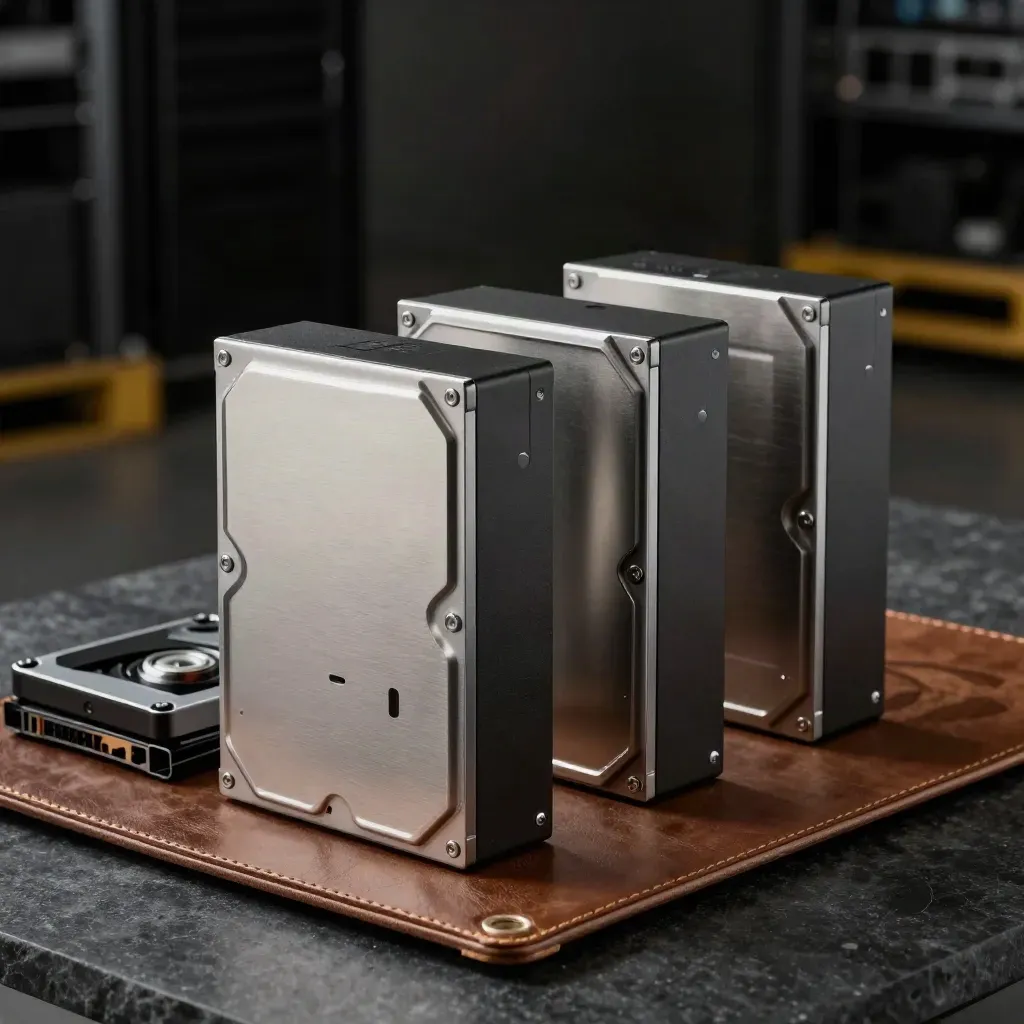 Three enterprise drives and a backup cassette on a basalt slab in dim warehouse light.