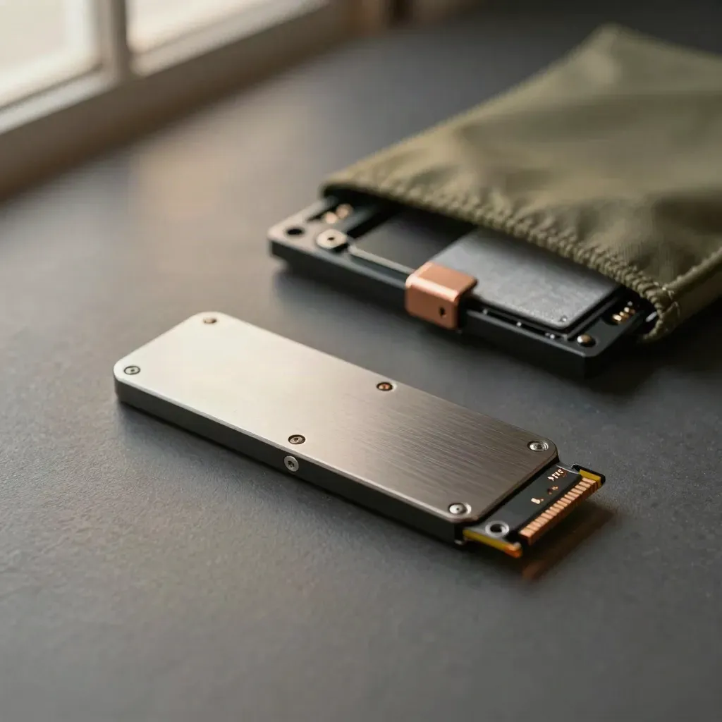 Top-down macro of NVMe recovery gear, anti-static pouch, bracket and copper-accented hardware.