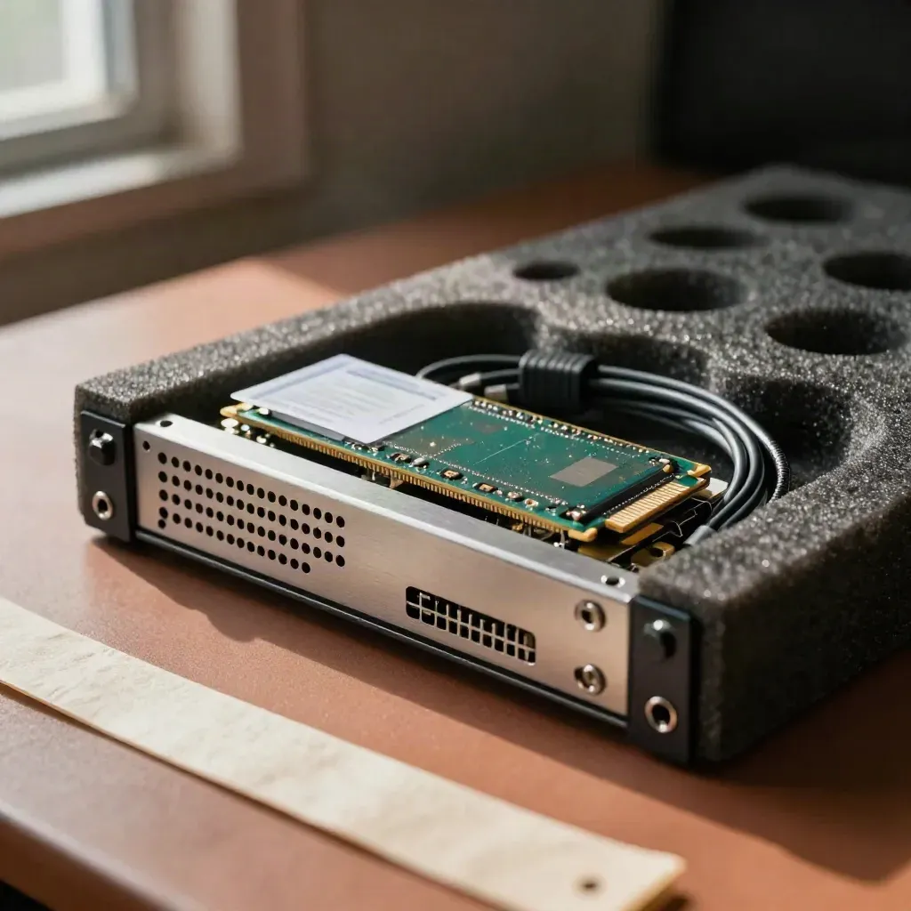 Server node in foam cradle with spare SSD and braided cable on packing bench