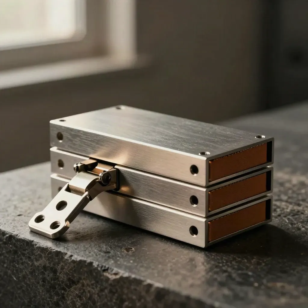 Precision hinge joint, perforated bracket, and stacked modular server blocks on dark stone, lit dramatically.