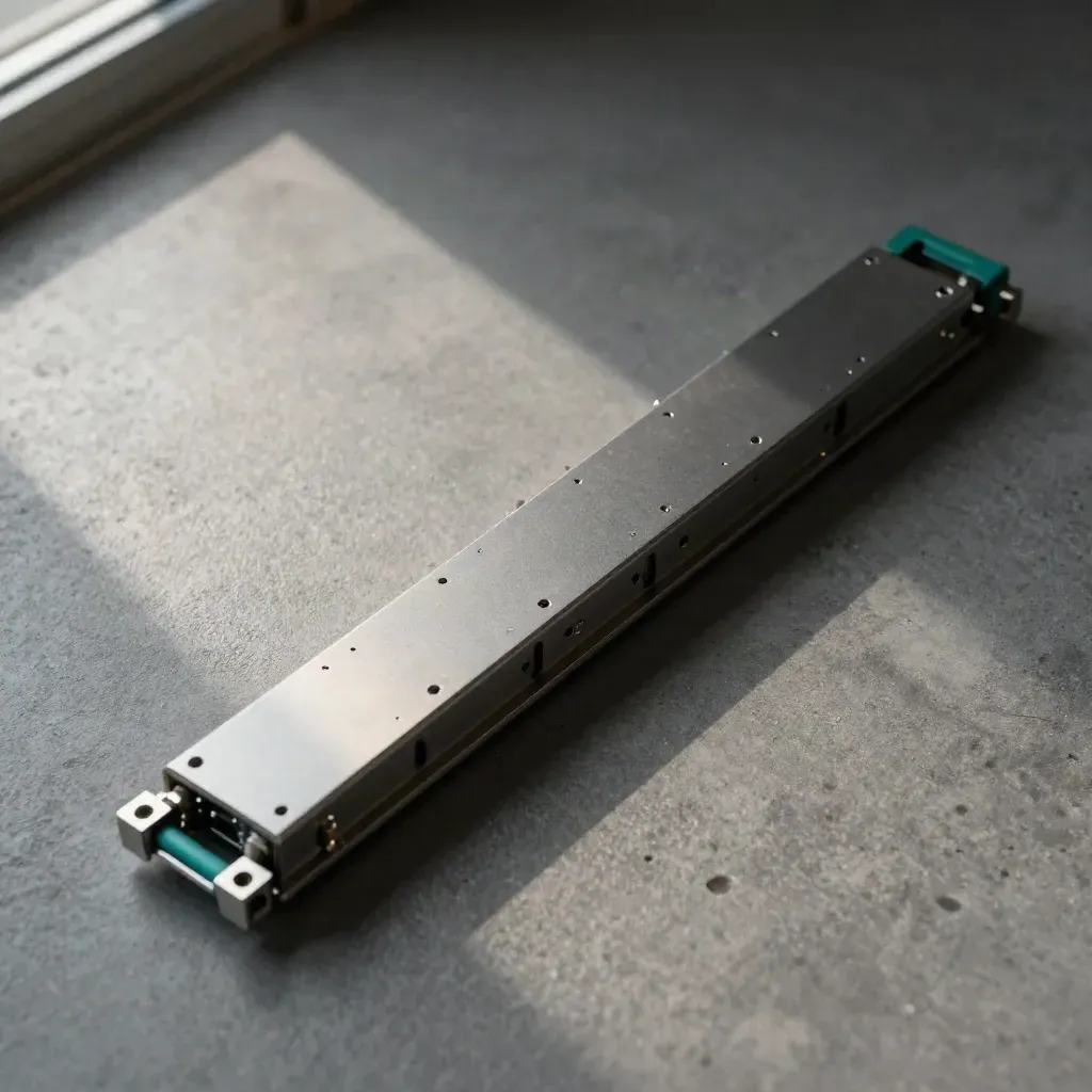 Graphite server modules and spacer rings aligned diagonally on concrete in soft teal light.