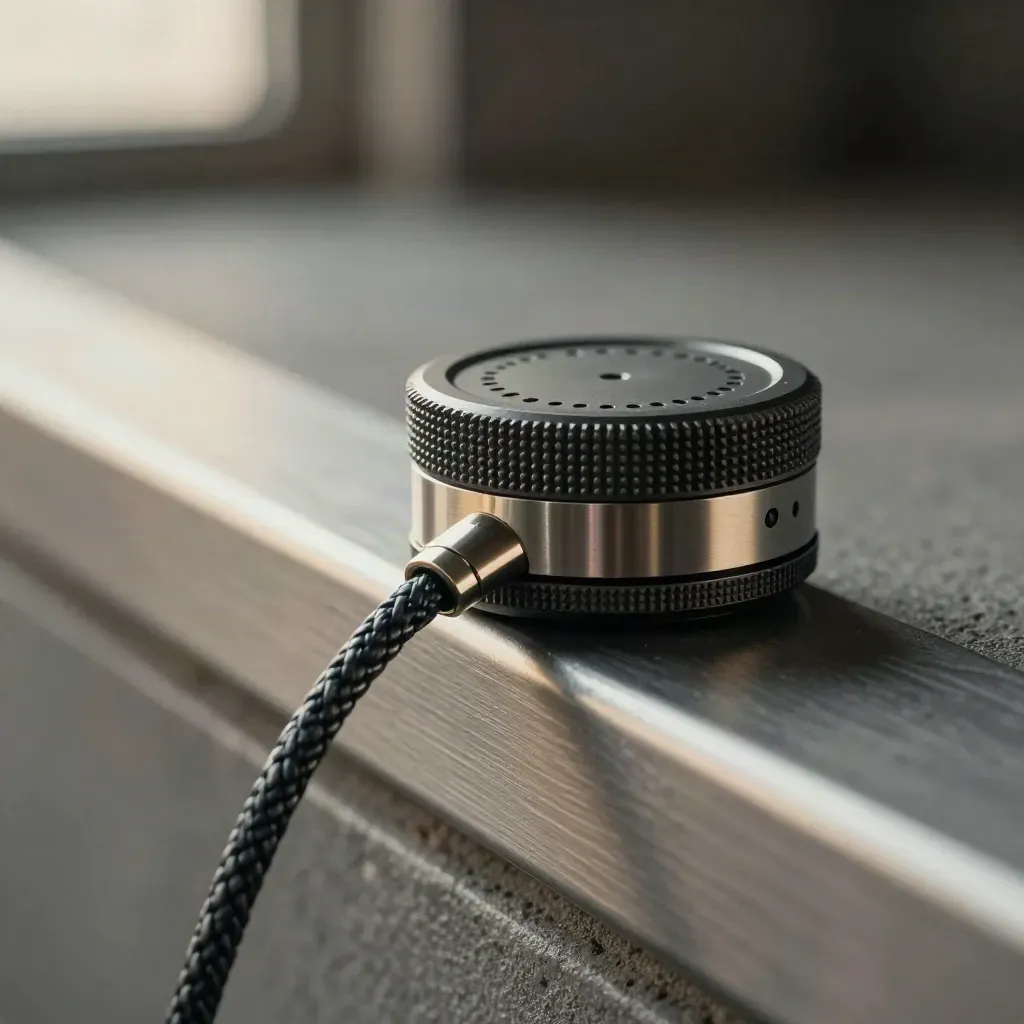 Macro still life of a monitoring puck, braided cable, and vent disk on steel and concrete.